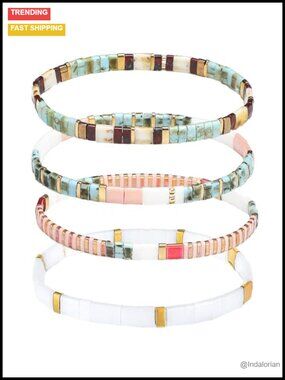 Set of 4 Glass Flat Beaded Stretch Bracelets Boho Stackable Friendship Wrist